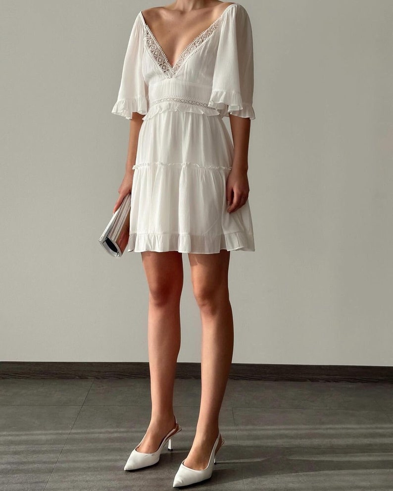 Women's Summer Crochet Scoop Neck Ruffle Mini Dress