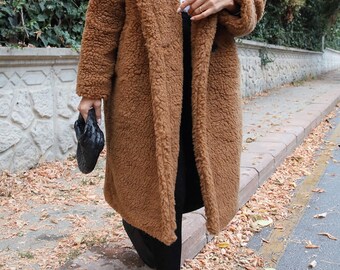 Women Single Button Teddy Midi Coat, Oversize Winter Coat, Christmas Coat,  Women Warm Overcoat, Gift for Women, Long Teddy Jacket -  Canada