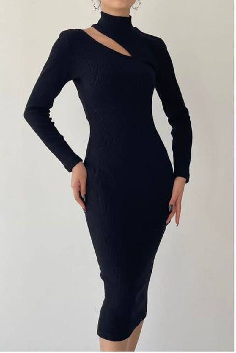 Neckline Cut-Out Dress, One Shoulder Pencil Dress, Fitted Midi Dress, High Neck Pencil Dress, Turtleneck Dress, Black New Year Dress image 2