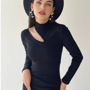 Neckline Cut-Out Dress, One Shoulder Pencil Dress, Fitted Midi Dress, High Neck Pencil Dress, Turtleneck Dress, Black New Year Dress image 3