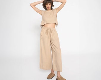 2 Pieces Linen Loungewear Set | Tencel Travel Set | Wide Leg Beige Pants and Comfort Top | Mothers Day Gift