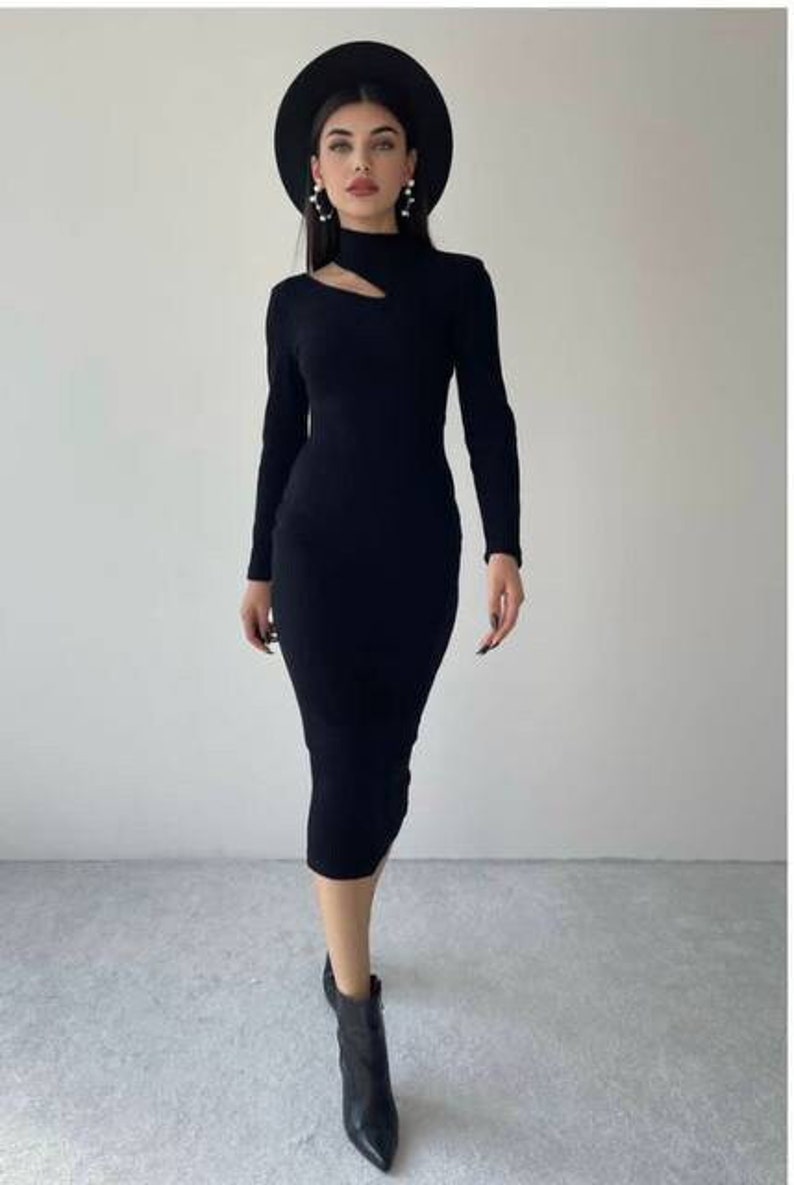 Neckline Cut-Out Dress, One Shoulder Pencil Dress, Fitted Midi Dress, High Neck Pencil Dress, Turtleneck Dress, Black New Year Dress image 1