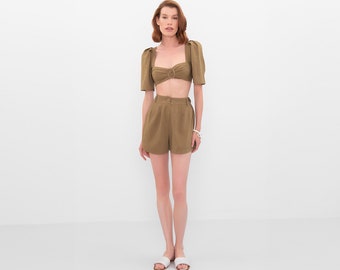 Khaki Linen Crop Top and Shorts Set, Two-Piece Summer Casual Wear, Linen Matching Set