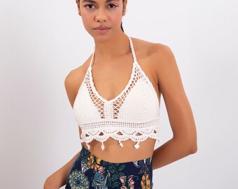 White Bikini Top, 70's Halter Top, Cotton Short Blouse, Crochet Bralette, Knit Crop Top, Hippie Summer Music Festival Top