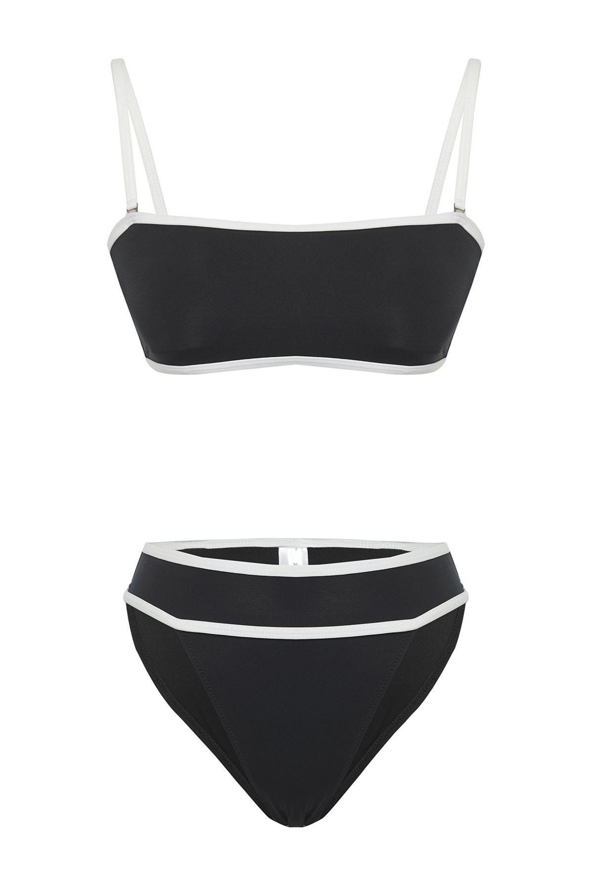 Black and White Trim Bikini Set – Sporty High-waisted Swimwear - Etsy