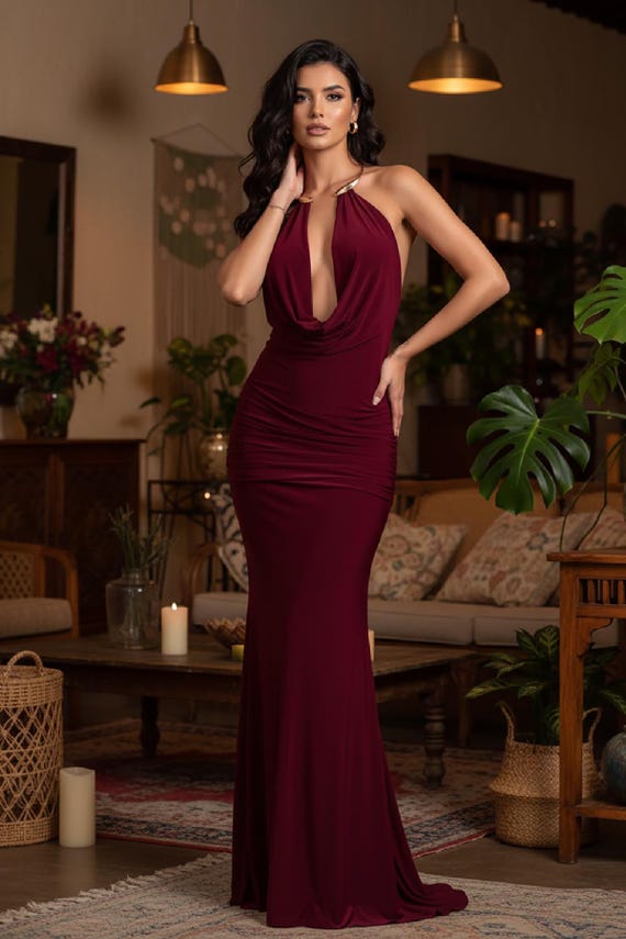 Burgundy Halter Evening Gown | Deep-v Cowl Neck, Gold Bar Detail, Ruched  Mermaid Maxi Dress