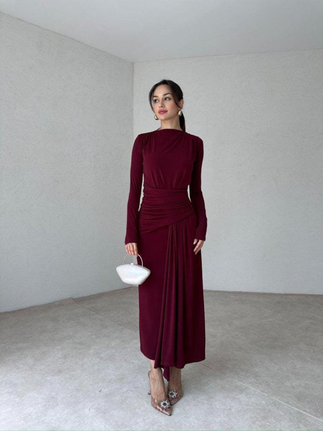 Plus Burgundy Striped Self Tie 3/4 Sleeves Midi Dress