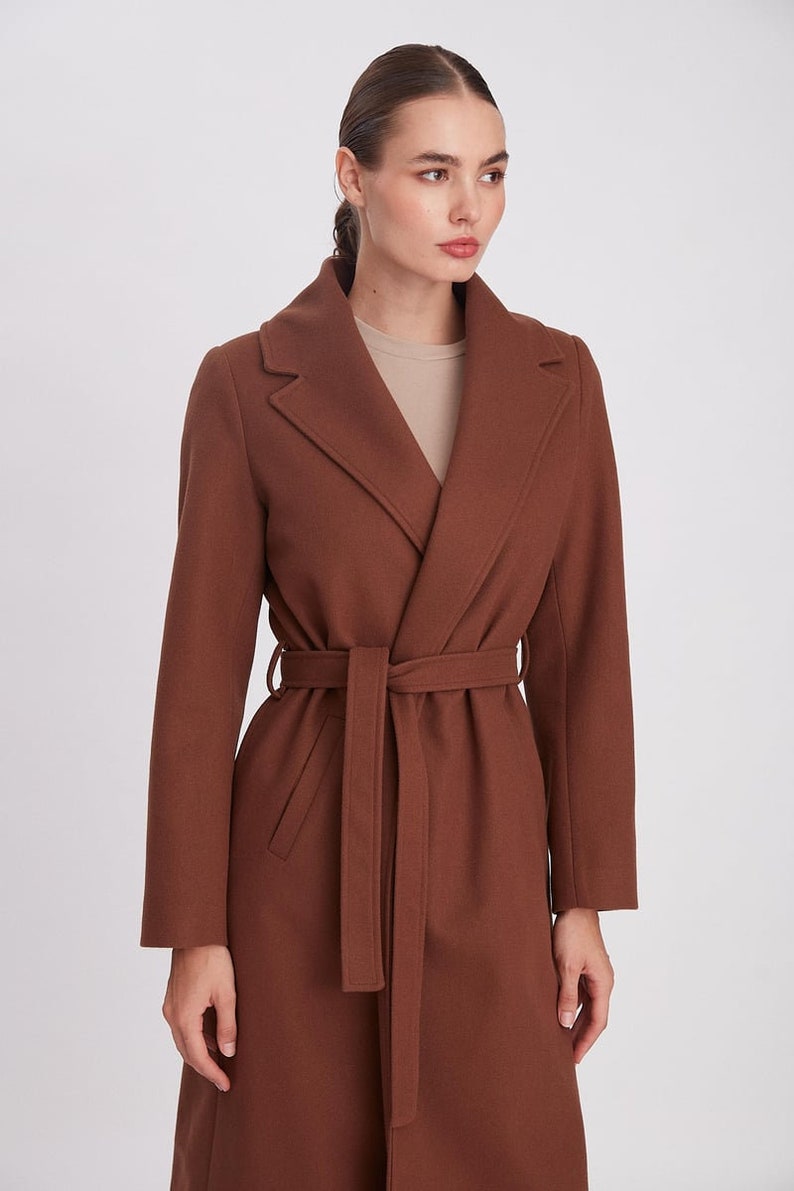 Long Woolen Coat with Belt Chic Winter Outerwear Premium Quality Lined Warm Overcoat Black Jacket Brown
