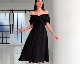 Black Dress with Flounce Sleeves, Low Shoulder Cotton Dress, Casual Midi Summer Dress