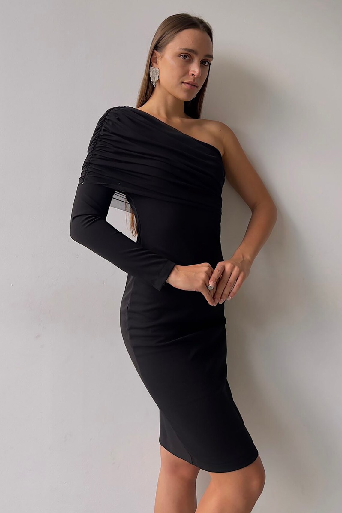 Black One Shoulder Flared Sleeve Draped Mini Dress