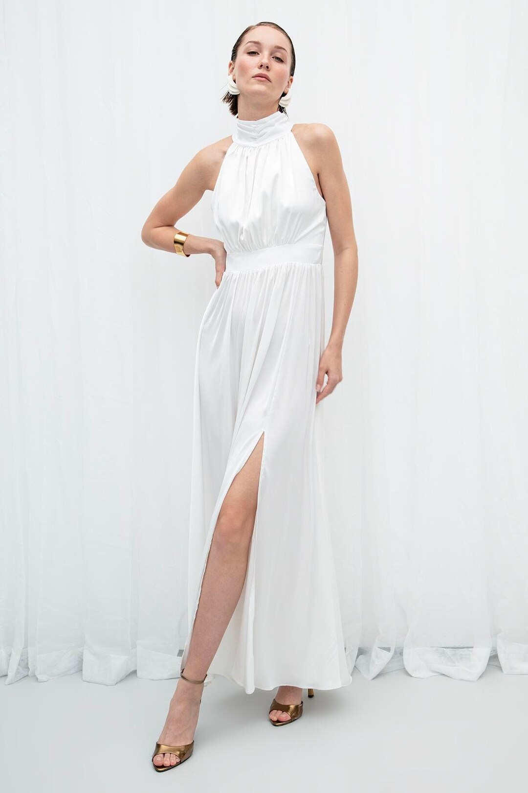 Classy Halter White Satin A Line Long Wedding Guest Dress Evening Dress