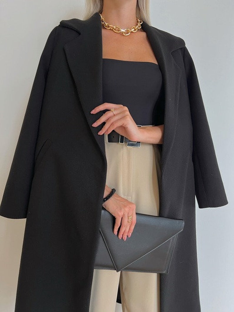 Long Woolen Coat with Belt Chic Winter Outerwear Premium Quality Lined Warm Overcoat Black Jacket Black