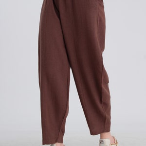 Elastic Waist Khaki Linen Pants, Soft Casual Loose Boho Trousers, Wide Leg Yoga Shalwar, Linen Lounge Wear Brown