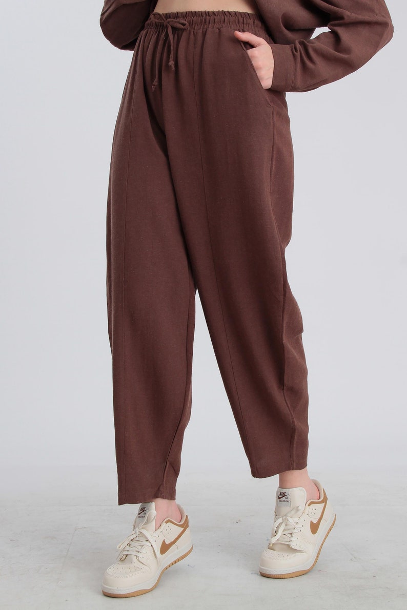 Elastic Waist Khaki Linen Pants, Soft Casual Loose Boho Trousers, Wide Leg Yoga Shalwar, Linen Lounge Wear Brown