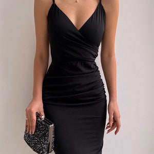 Vestido negro largo con cuello en V, vestido de fiesta, vestido formal negro, vestido de cóctel midi sin mangas, vestido de noche con abertura