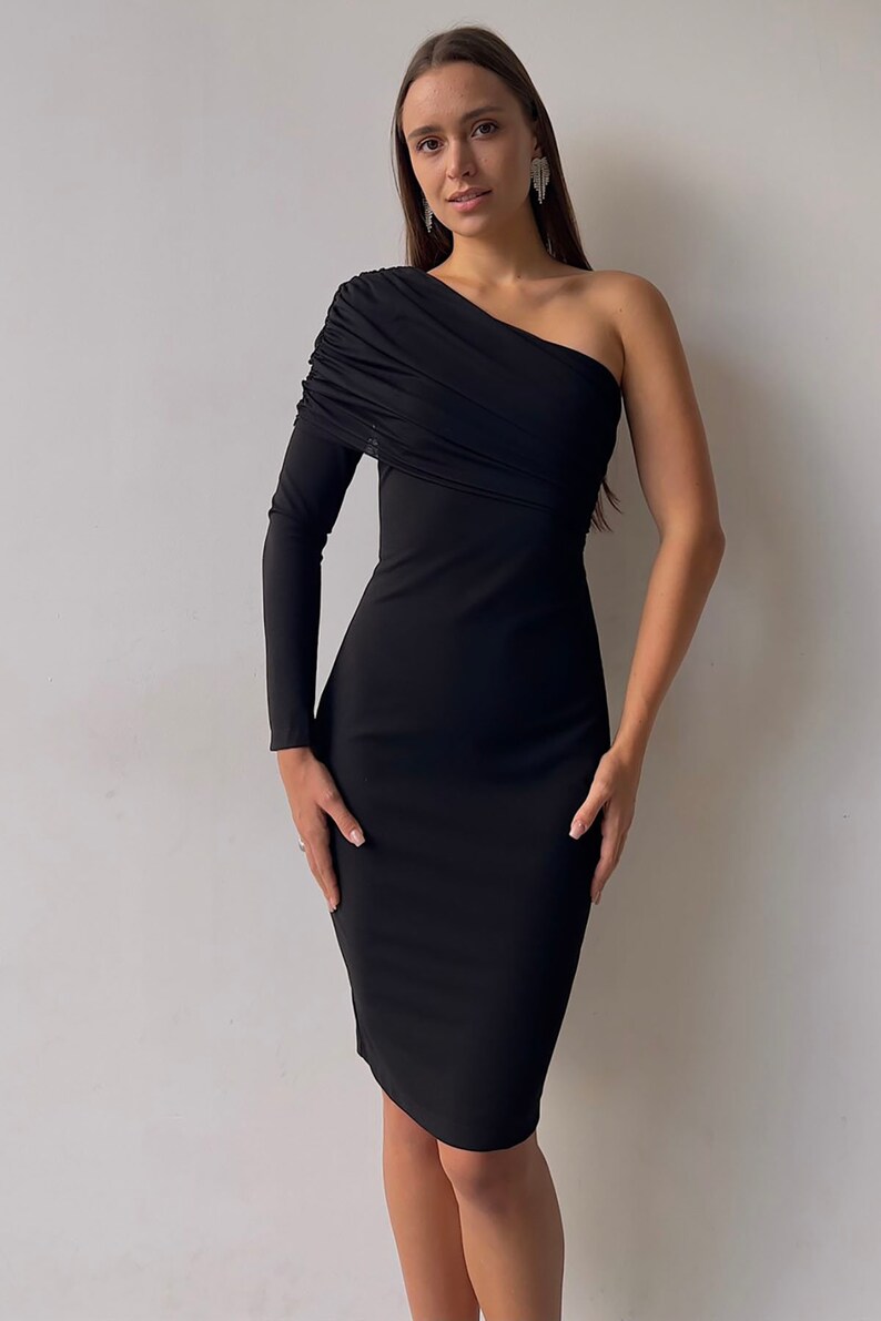 Cai One Shoulder Dress Black