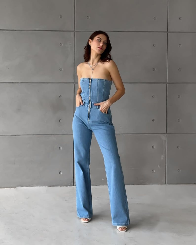 Off-shoulder Slim-fit Denim Jumpsuits