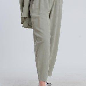 Elastic Waist Khaki Linen Pants, Soft Casual Loose Boho Trousers, Wide Leg Yoga Shalwar, Linen Lounge Wear image 2