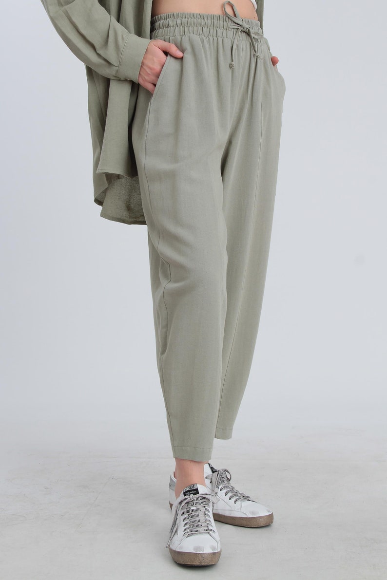 Elastic Waist Khaki Linen Pants, Soft Casual Loose Boho Trousers, Wide Leg Yoga Shalwar, Linen Lounge Wear image 2