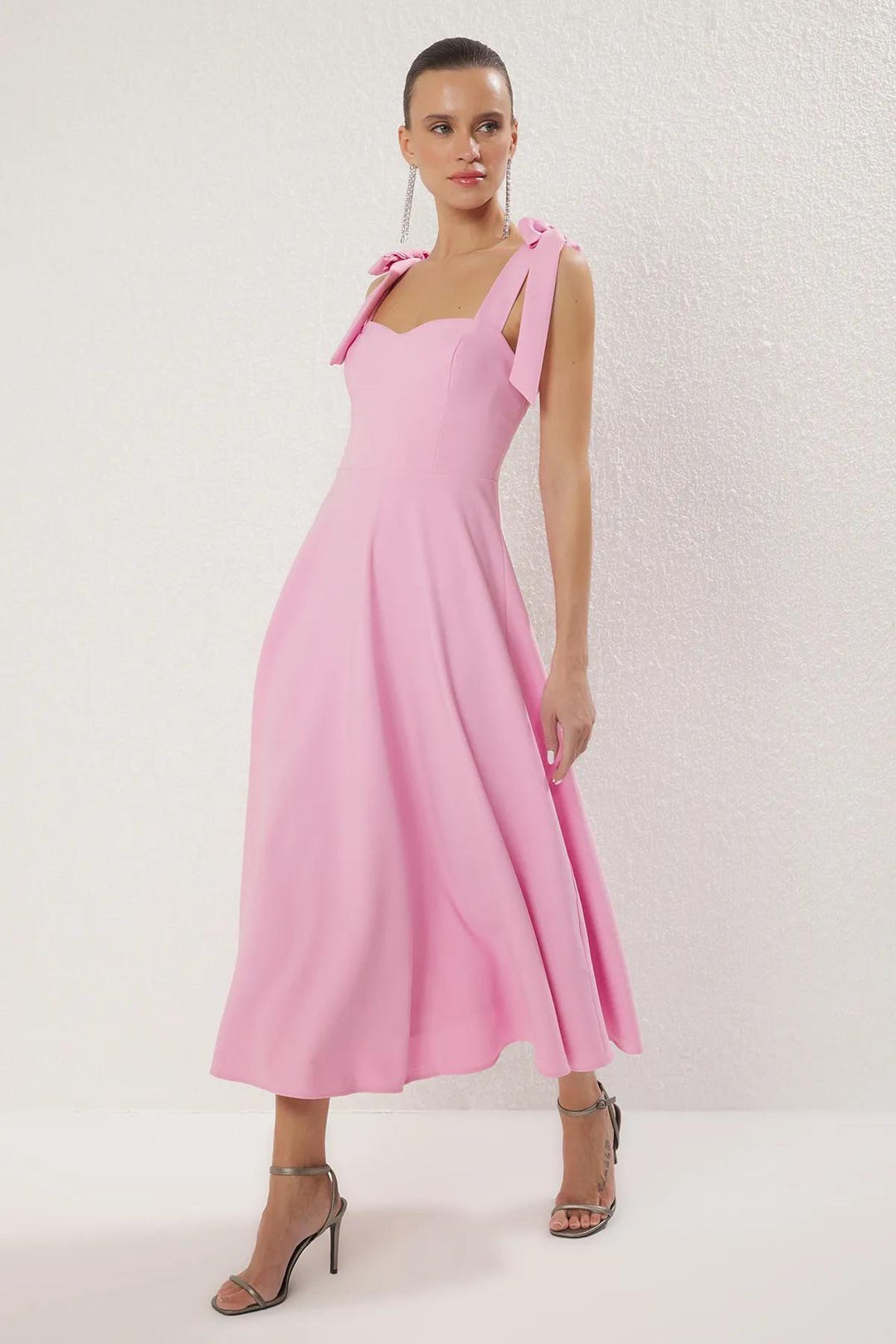 Sweetheart Neck Tie Strap Pink Dress, Sleeveless, Swing, A