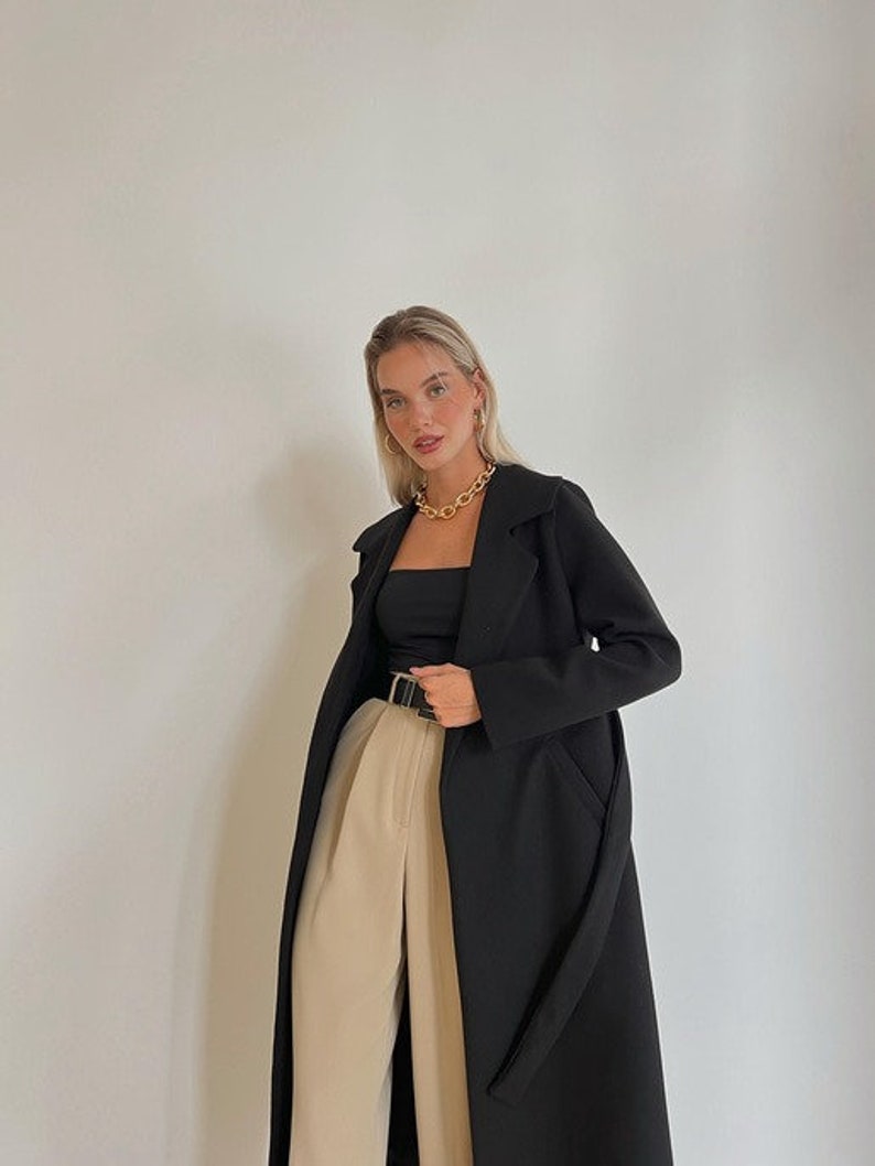 Long Woolen Coat with Belt Chic Winter Outerwear Premium Quality Lined Warm Overcoat Black Jacket image 3