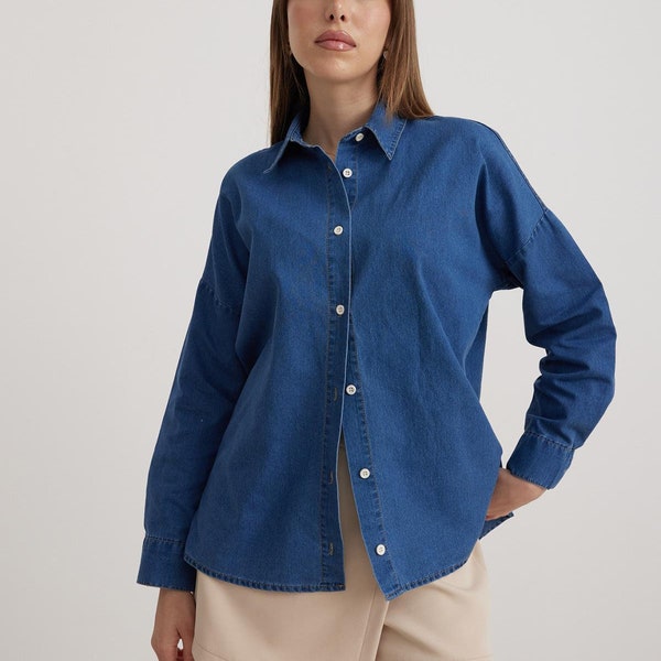 Chemise en jean bleue pour femme, chemisier à manches longues, chemise boutonnée en coton, haut minimaliste