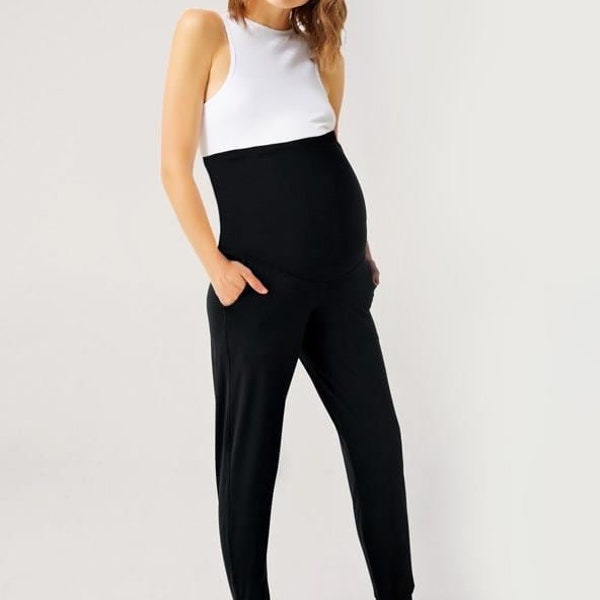 Flexible Mutterschaft Leggings mit Taschen, Hohe Taille Schwangerschaft Jogger, Volle Länge, Weiche Flexible Spandex Hosen für Schwangere Frauen