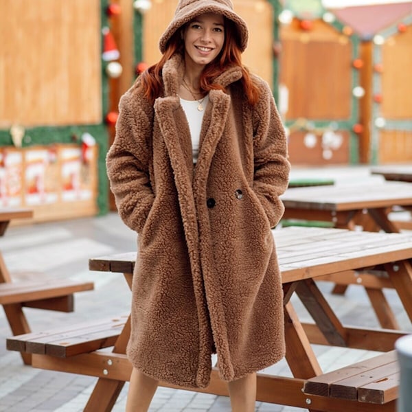 Pardessus Femme| Manteau peluche neige de Noël | Manteaux d'hiver| Manteau mi-long douillet| Manteau chaud femme | Cadeau pour femme| Manteau long femme