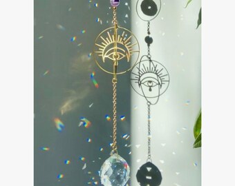 Evil Eye Amethyst Suncatcher, Crystal Rainbow Maker Prism Pendant, All Seeing Eye Home Decor, Evil Eye Hanging Ornament, Spiritual Gift