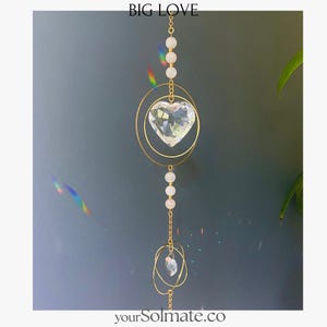 Big Love Suncatcher, Heart Crystals and Rose Quartz Gems Sun catcher Pendant, Window Hanging Ornament, Rainbow Maker Prism, Valentine’s Gift