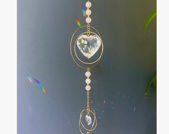 Big Love Suncatcher, Heart Crystals and Rose Quartz Gems Sun catcher Pendant, Window Hanging Ornament, Rainbow Maker Prism, Valentine’s Gift