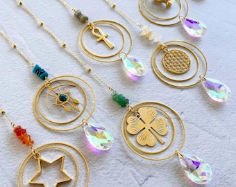 Ciondoli con simboli spirituali, acchiappasole: ciondolo per auto in cristallo con pietre preziose