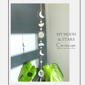 Natural Shell Moon Phases and Stars Suncatcher, Mother of Pearl Moon Wall Window Hanging, Crescent Crystal Sun Catcher, Celestial Decoration