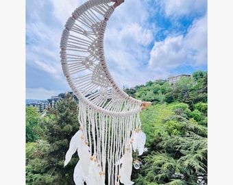 Acchiappasogni a forma di luna in macramè, acchiappasole: decorazione boho a prisma di cristallo