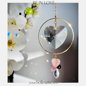 Be in Love Suncatcher with Heart Crystal Prism and Gemstones for Love, Heart Crystal pendant Car Mirror Ornament, Gift for Valentine