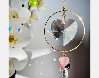 Prisma acchiappasole a forma di cuore in cristallo: ciondolo per specchietto auto in quarzo rosa e pietre preziose