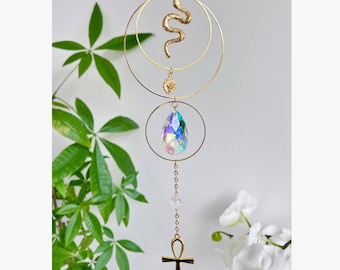 Acchiappasole Shamballa · Decorazione con simbolo del leone e serpente Ankh · Ciondolo curativo in cristallo di quarzo, decorazione spirituale per la casa