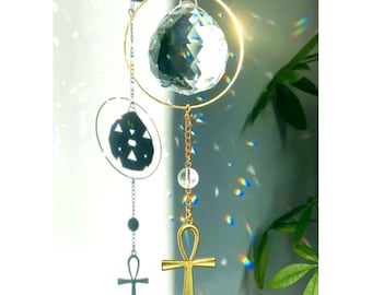 Ankh Suncatcher with Crystal Quartz Gemstone, Triple Long Sun Catcher, Rainbow Maker Window Hanging Ankh Key Ornament, Key Home Decor