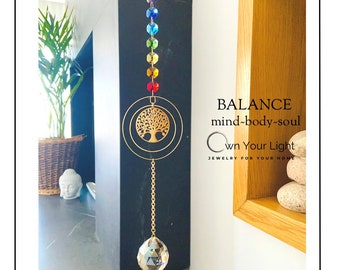 Chakra Colors Crystal Suncatcher, Tree of Life Sun Catcher Hanging Ornament, Rainbow Maker, Feng Shui Decor, Family Tree Window Pendant