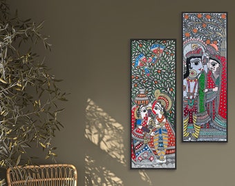 Paire de Radha Krishna Madhubani art folklorique traditionnel dieux hindous indiens à accrocher au mur décoration salon, cadeaux, festivals, authentique original