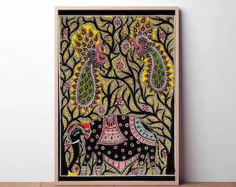 May include: A framed artwork featuring a black elephant with red and white accents, and two green peacocks amidst a yellow and black tree design. The artwork is in a wooden frame and is displayed against a white wall.