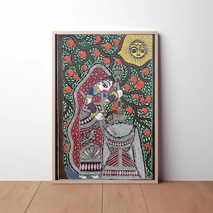 May include: A colourful Madhubani painting depicting a woman grinding spices in a mortar and pestle. The painting features a vibrant red, green and yellow colour palette and intricate details. The woman is wearing a red and white sari and a floral headdress. The background features a tree with red fruits and a sun with a face.