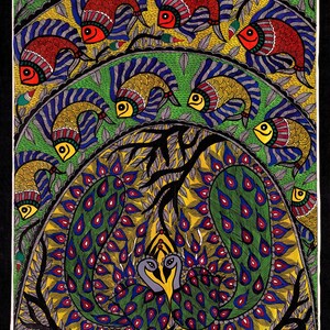 Vibrant Madhubani Art: the Peacock's Dance Amidst Abundance. Artwork ...