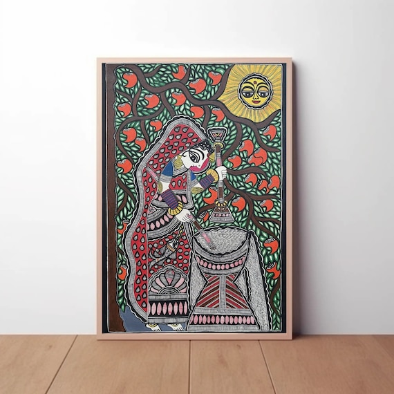 Authentic Madhubani Painting, Village Women Art, Organic Paint on Fabric, 22x15 inches