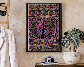 オリジナルマドゥバニ絵画：孔雀と魚の民芸品、インドの装飾（22x15インチ）