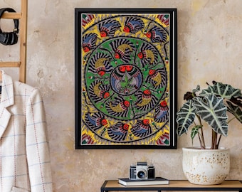 手描きのマドゥバニ魚アート：カラフルなインドの部族絵画
