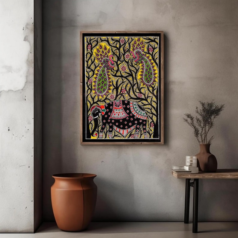 Original Madhubani Painting, Elephant and Peacocks : Indian Folk Art ...