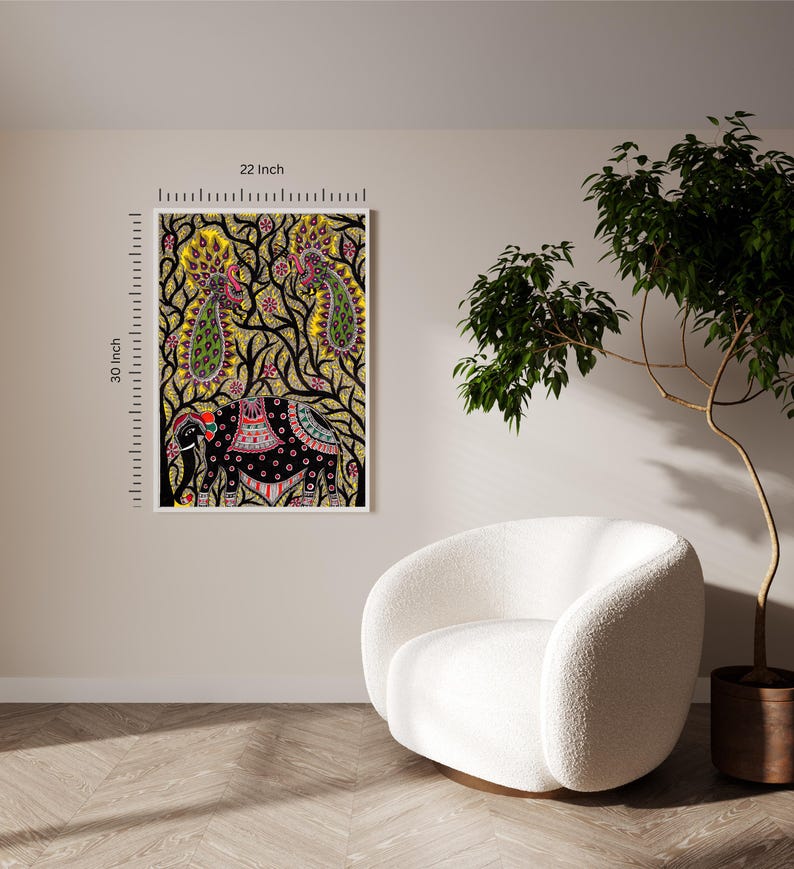 Original Madhubani Painting, Elephant and Peacocks : Indian Folk Art ...