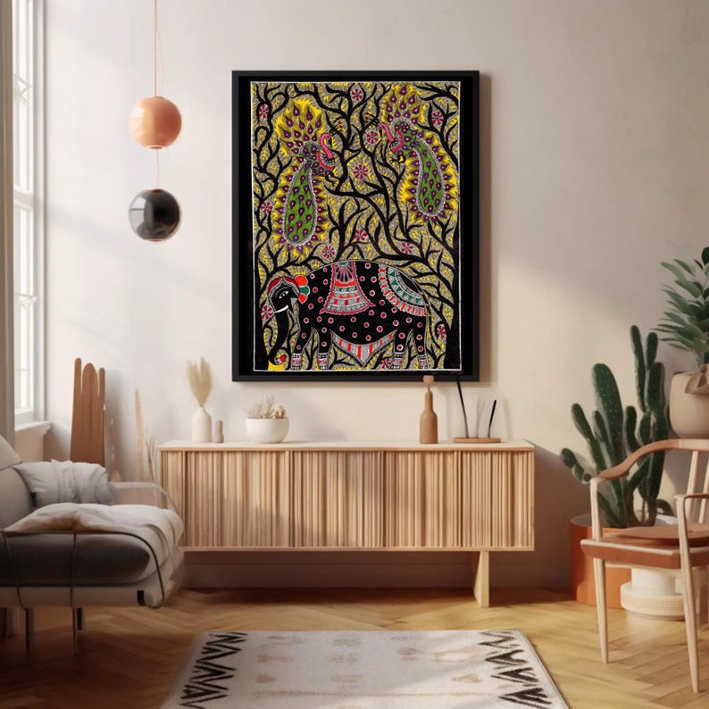 Original Madhubani Painting, Elephant and Peacocks : Indian Folk Art ...