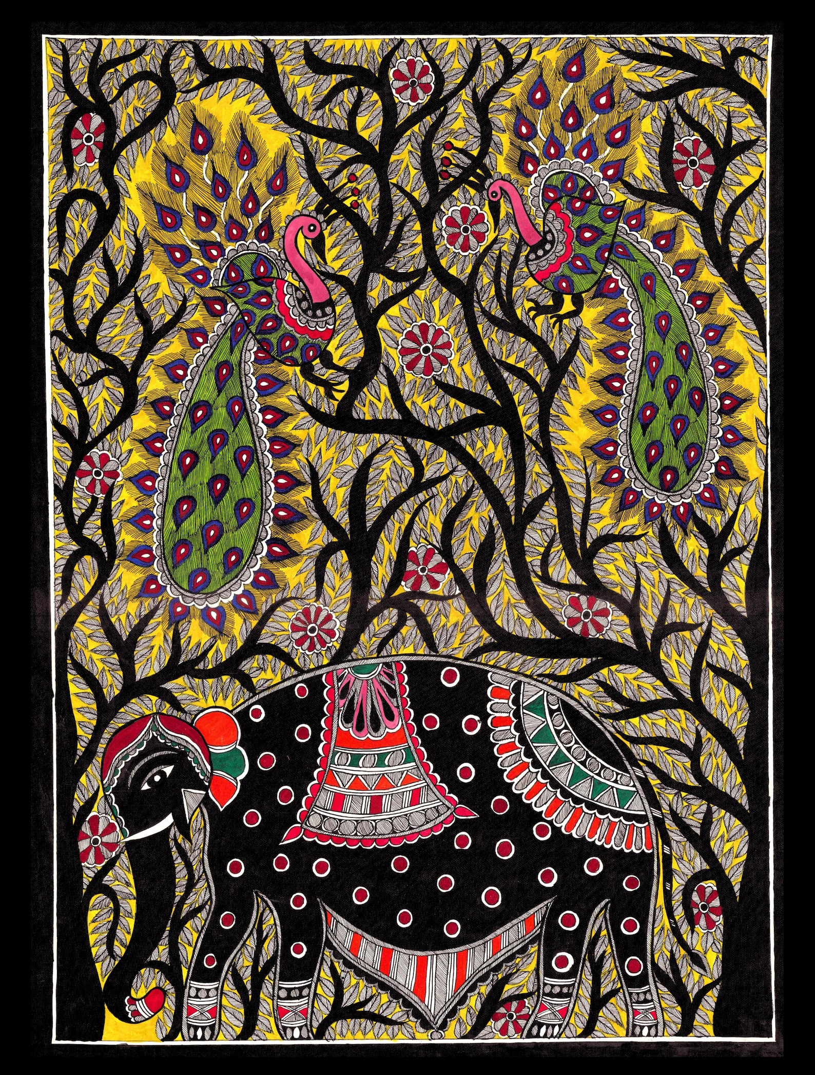 Original Madhubani Painting, Elephant and Peacocks : Indian Folk Art ...